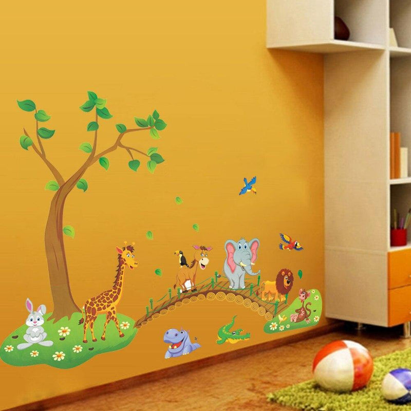 3D Cartoon Jungle Wild Animal Tree Bridge Lion Wall Art - funny gifts store