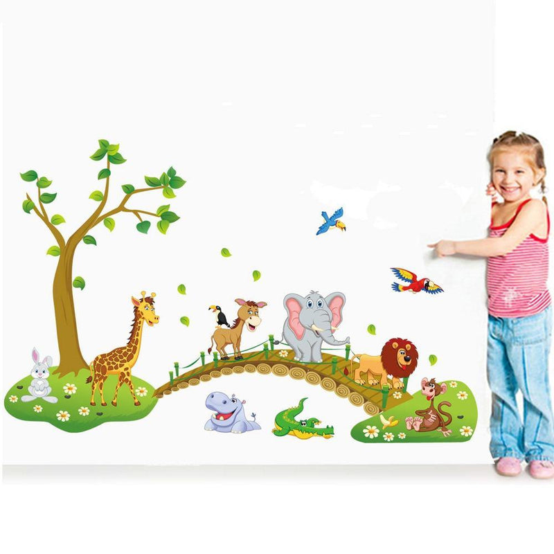 3D Cartoon Jungle Wild Animal Tree Bridge Lion Wall Art - funny gifts store