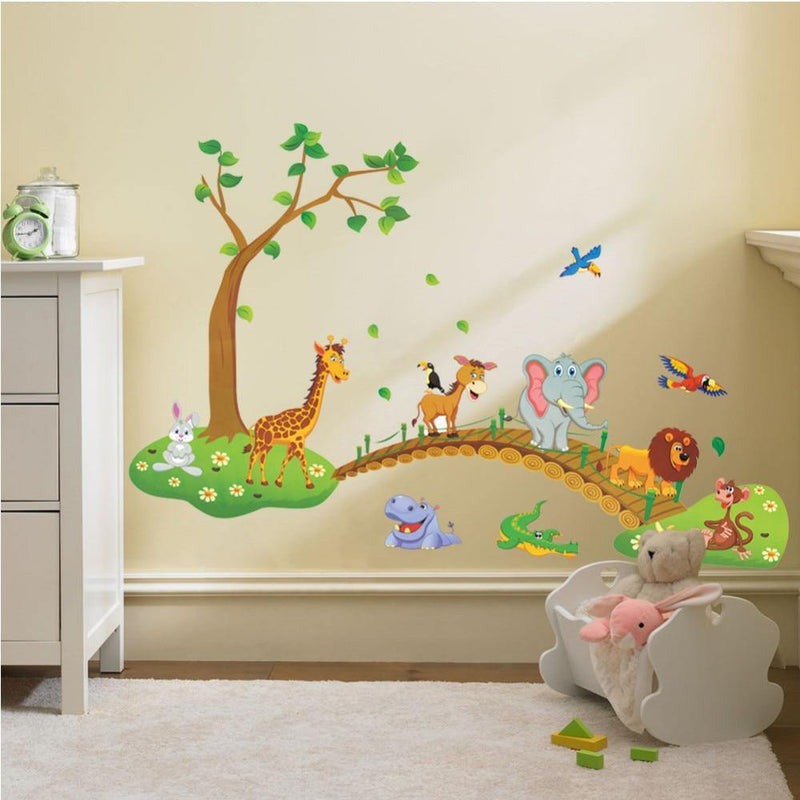 3D Cartoon Jungle Wild Animal Tree Bridge Lion Wall Art - funny gifts store