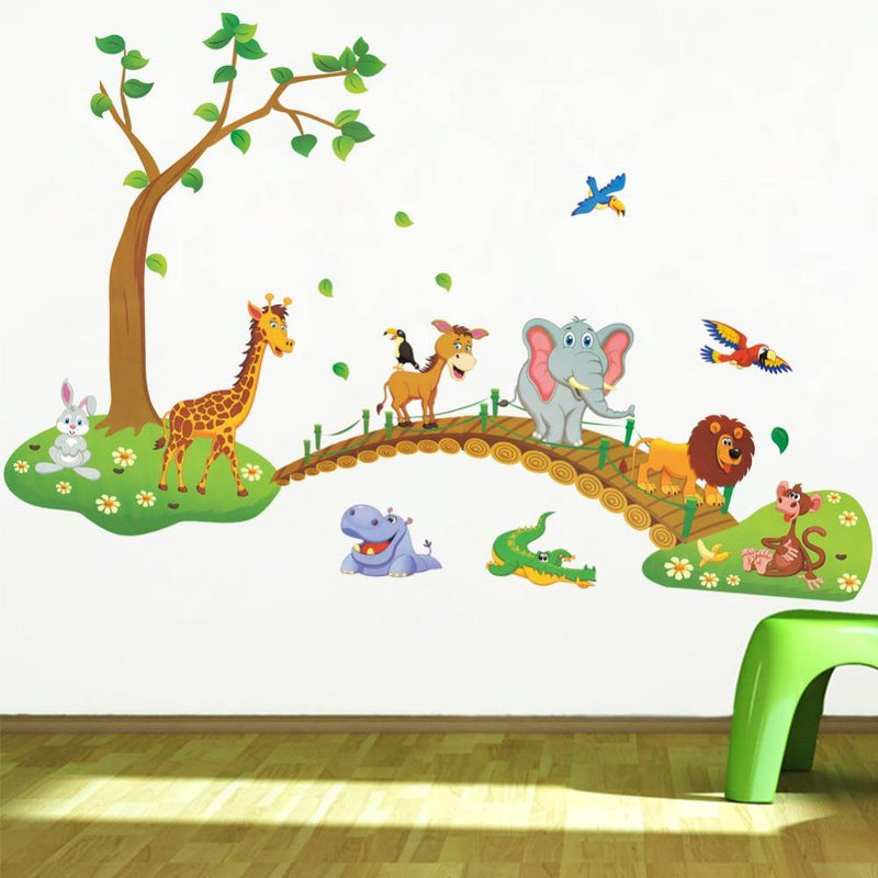 3D Cartoon Jungle Wild Animal Tree Bridge Lion Wall Art - funny gifts store