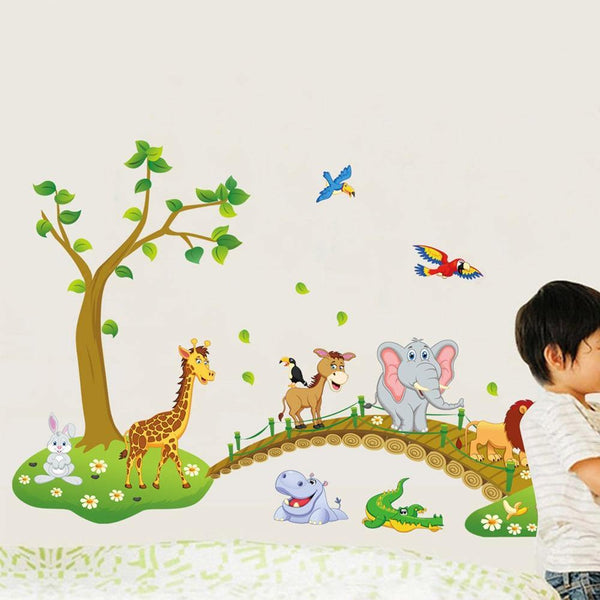 3D Cartoon Jungle Wild Animal Tree Bridge Lion Wall Art - funny gifts store