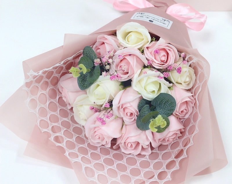 Soap Flower Artificial Bouquet Pink Rose Fake Wedding Gift