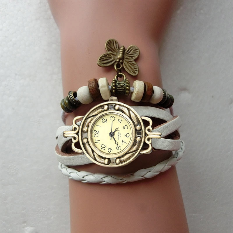 Vintage Retro Rivet Braided Bracelet Leather Strap Watch