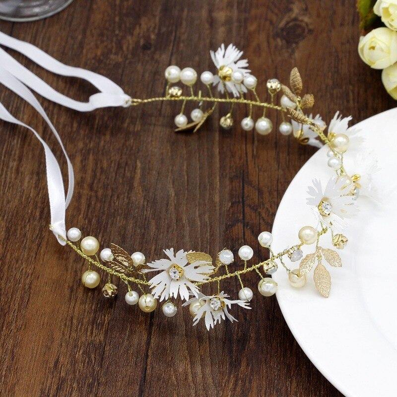 Women Flower Crown Floral Ribbon Pearl Wreath HeadWear - funny gifts store