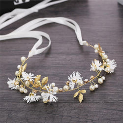 Women Flower Crown Floral Ribbon Pearl Wreath HeadWear - funny gifts store