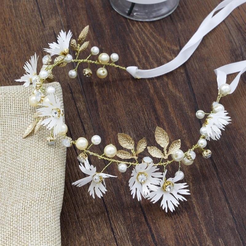 Women Flower Crown Floral Ribbon Pearl Wreath HeadWear - funny gifts store