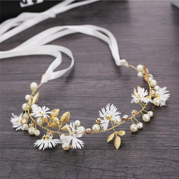 Women Flower Crown Floral Ribbon Pearl Wreath HeadWear - funny gifts store